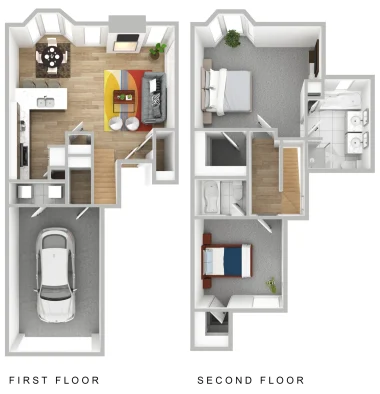 two floor plans with one bedroom and two living areas at The Waterchase Gardens
